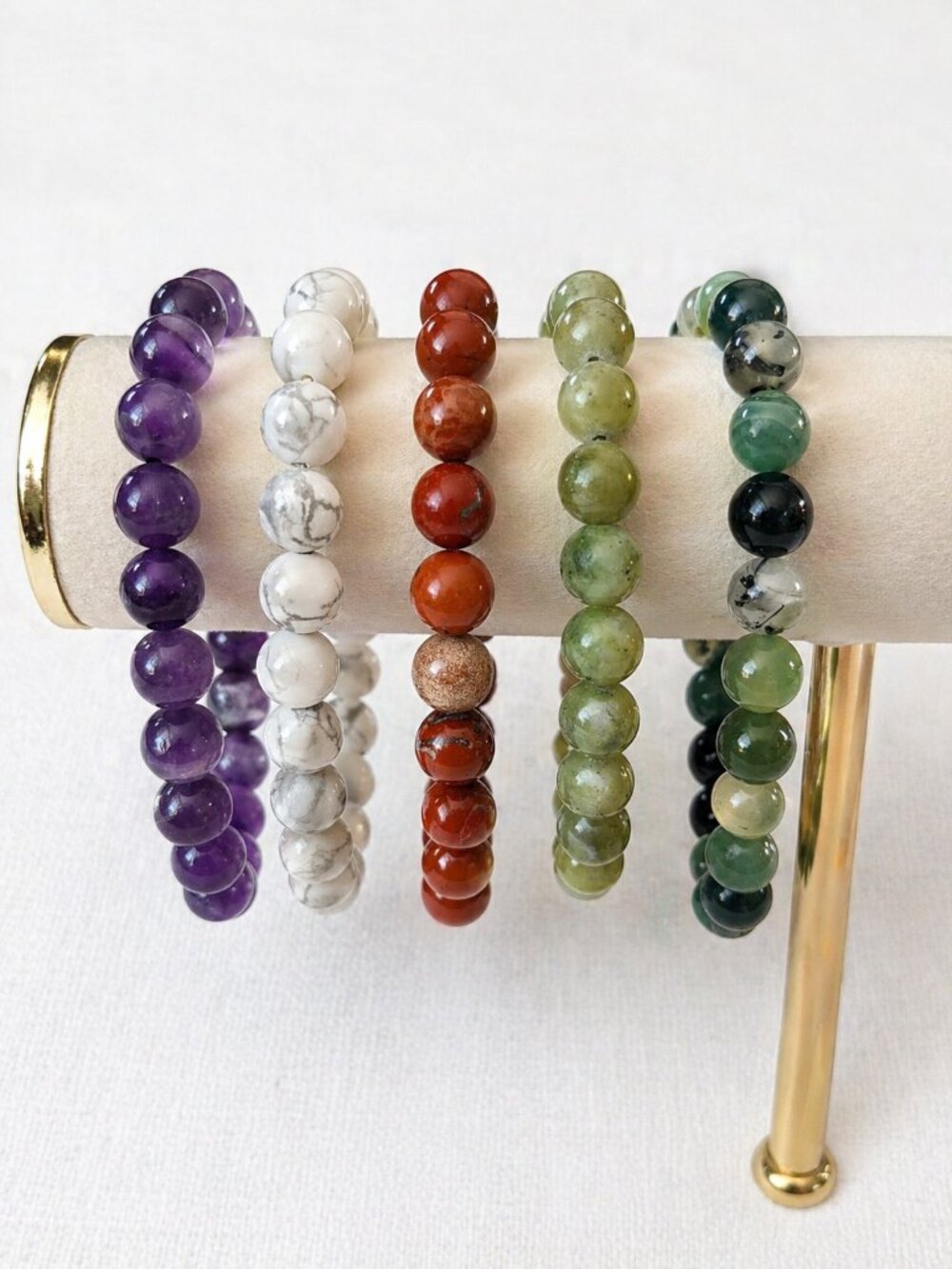 Set of 5 Gemstone Bracelets: Howlite Chinese Jade Plus More